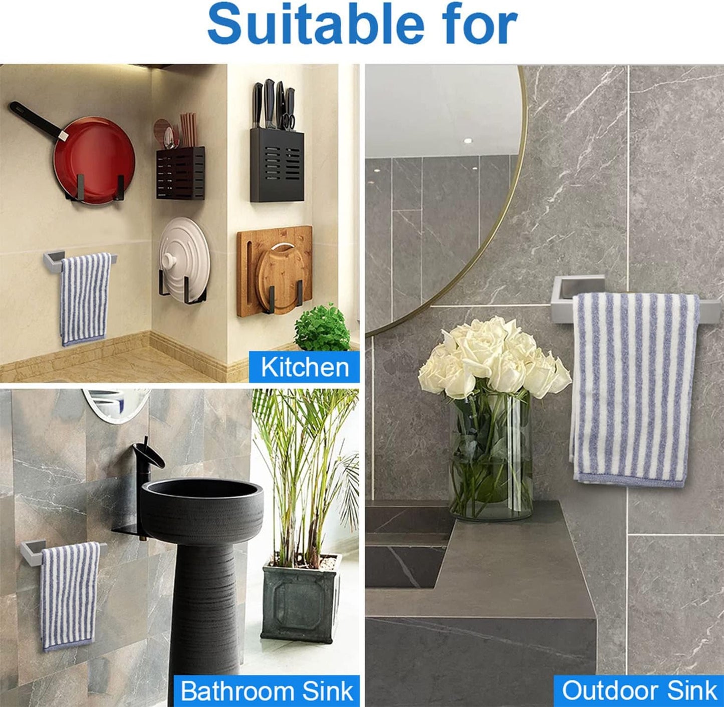 TocTen Hand Towel Holder/Towel Ring - Thicken SUS304 Stainless Steel Bathroom Hand Towel Hanger, 9 Inch Heavy Duty Wall Mounted Towel Rack, Square Hand Towel Bar for Bathroom (Brush, 2 PCS 9 in)