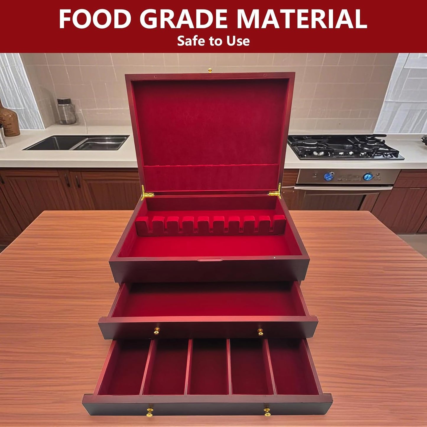 Silverware Storage Box, Kitchen Drawer Organizer, Drawer-containing flap-type storage box, Wood Chest, with Tarnish Proof Felt Lined, Storage Silver Chest for Kitchen (3 layer)