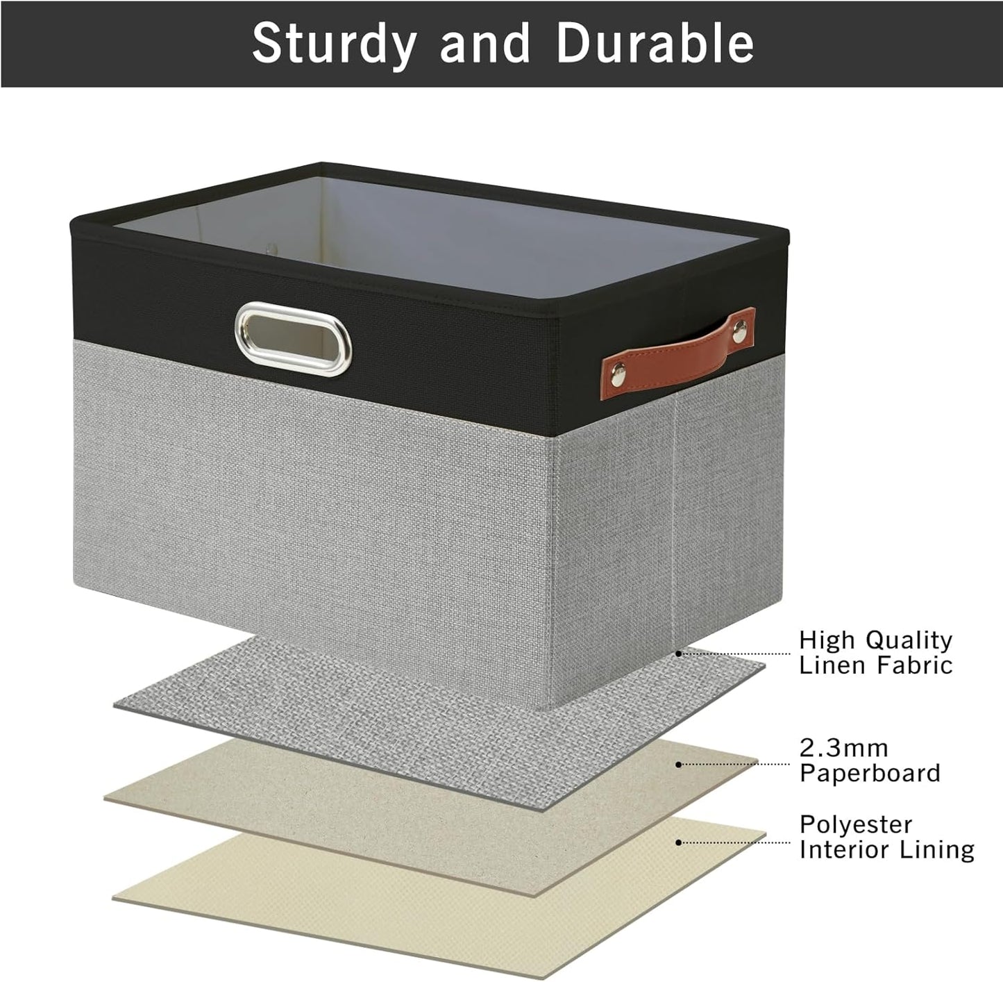 Large Collapsible Fabric Storage Bins with 3 Handles, Foldable Organizer Baskets for Closet, Shelves, Living Room | 3 Pack, Durable PU & Metal Handles (14.9"x9.8"x9.8", Black & Gray)