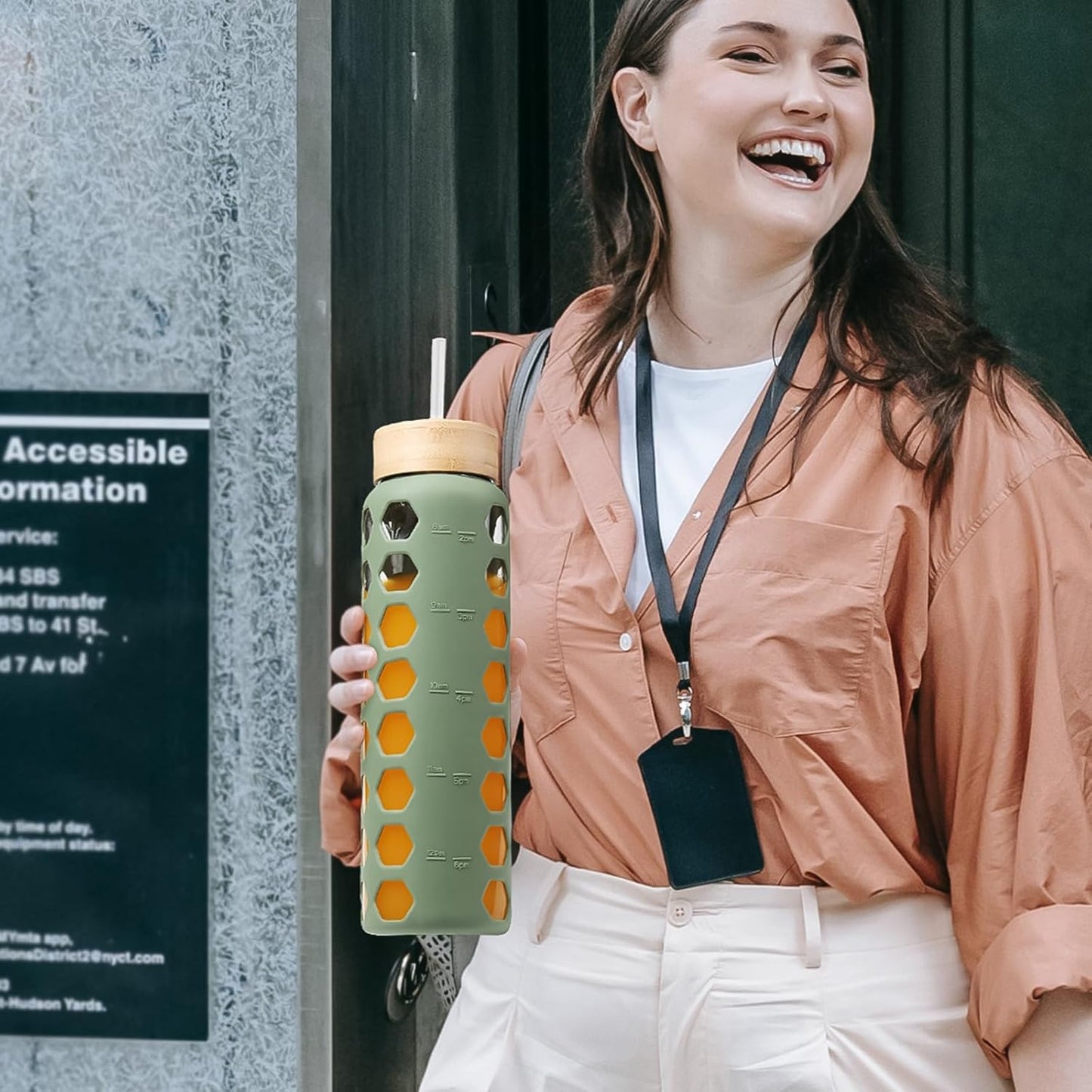 MUKOKO Glass Water Bottles, 32oz Glass Tumbler with Straw, Drinking Bottles with 2 Lids-Handle Spout Lid&Bamboo Straw Lid, Motivational Water Bottle with Time Marker and Silicone Sleeve, 1 Pack-Olive