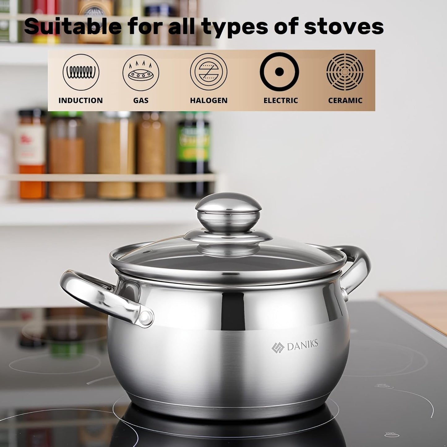 Daniks Classic Stainless Steel Stock Pot with Glass Lid – Induction 2 Quart, Dishwasher Safe, Measuring Scale, For Soup, Pasta, Stew, Silver