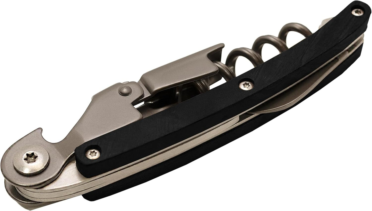 Waiters Wine Key with Corkscrew Quick Bottle Opener and Micro-Serrated Blade- Ebony Wood Handle.
