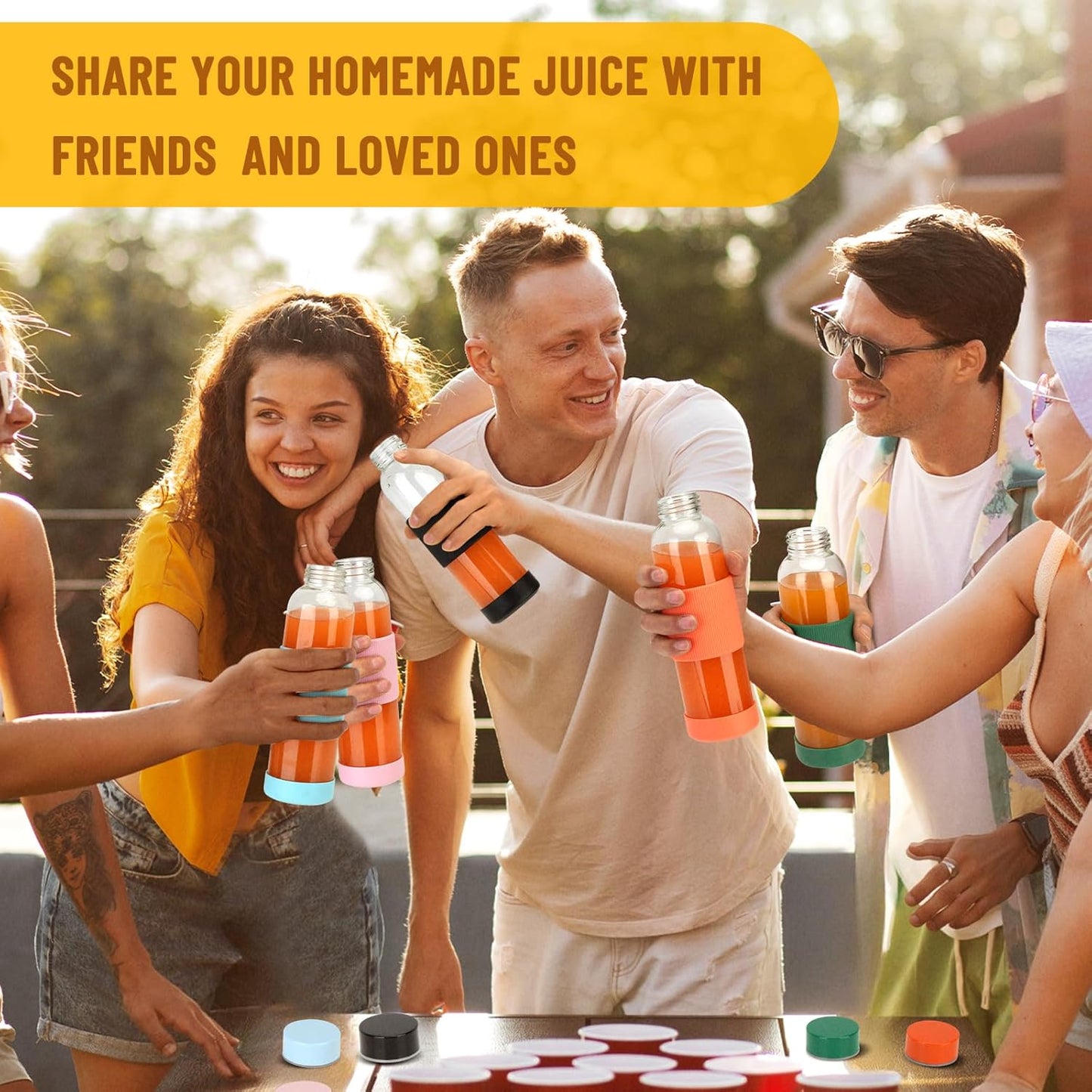 18 oz Glass Juice Bottles with Lids and Silicone Sleeve, Reusable Glass Water Bottles with Stainless Steel Cap for Juicing, Refrigerator,100% Leak Proof, BPA Free, Set of 6