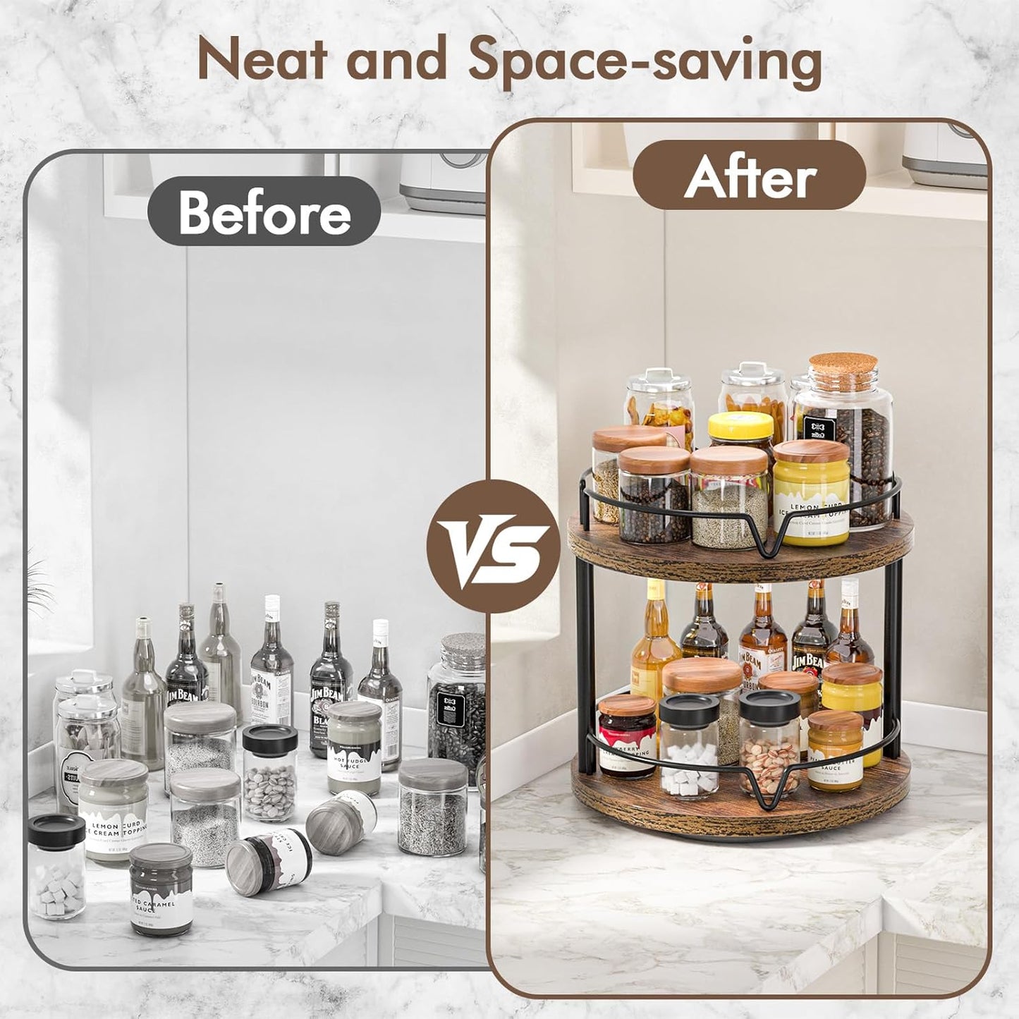 2 Pack 2 Tier Lazy Susan Organizer Wooden Rotating Spice Rack Spice Rack for Countertop 2 Tier Spice Turntable Organizer for Kitchen Countertop and Cabinet Compact and Versatile, Rustic Brown