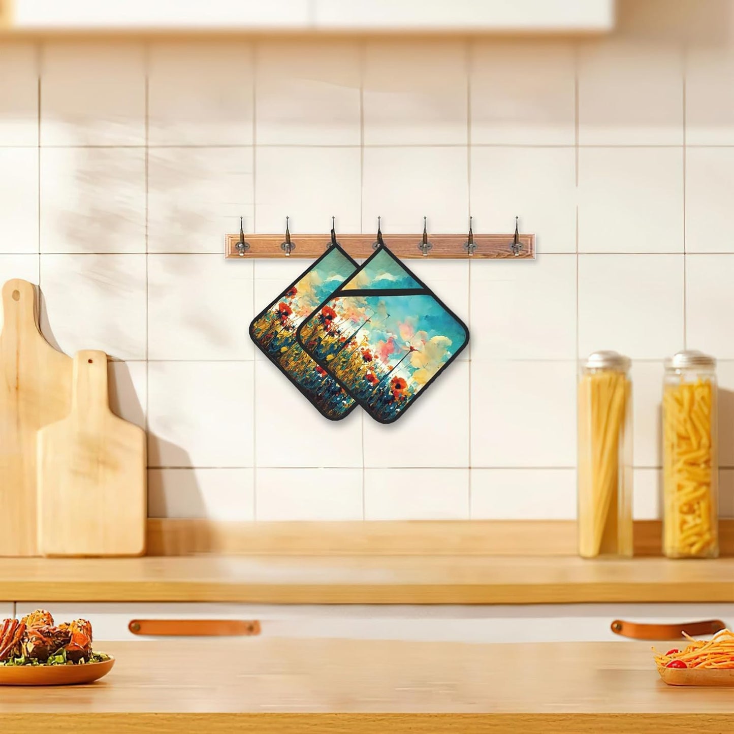 Abstract Red Poppy Flowers Pot Holders Set of 2, Kitchen Heat Resistant Potholder for Microwave Cooking Baking Oven End Dishes and BBQ