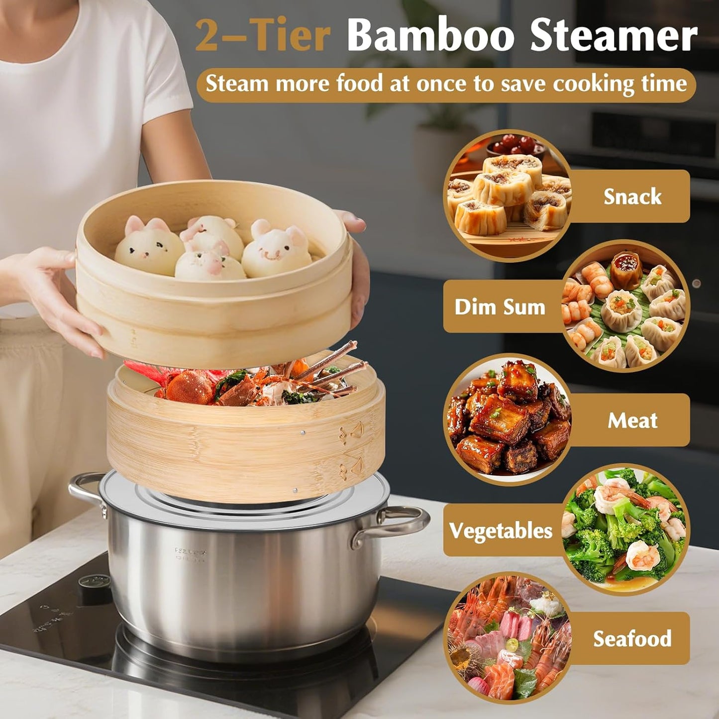 Bamboo Steamer 2 Tier 10-Inch Steaming Basket with Handle, Bun Vegetable Steam, Dumpling Steamer Bamboo Steam Basket, Chopsticks, Reusable Silicone Liner, Ring Adapter, for Chinese Asian Cuisine