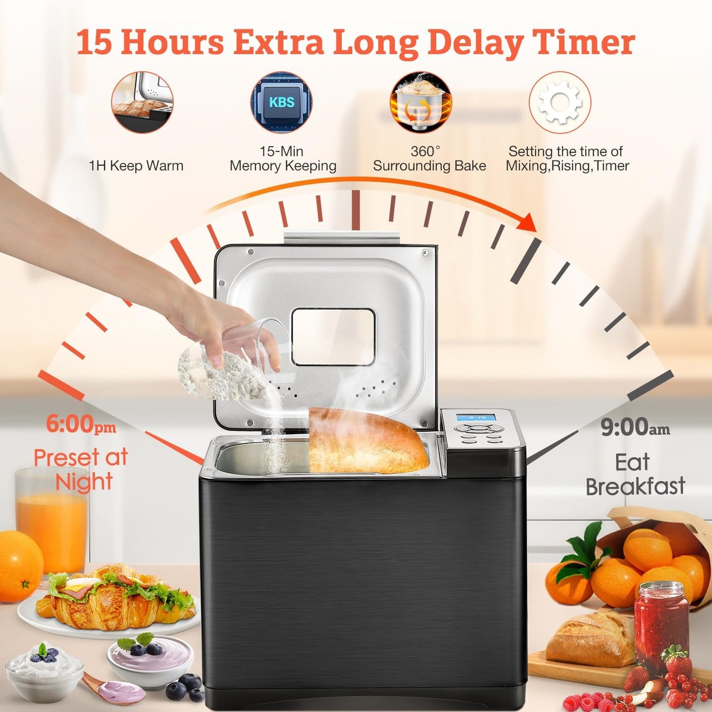 KBS 2LB Bread Maker, 19-in-1 Automatic Bread Machine Stainless Steel with Ceramic Pan,15H Timer&1H Keep Warm, Sourdough, Gluten-Free, 650W Bread Maker Machine with 3 Loaf Sizes 3 Crust Colors, Recipes