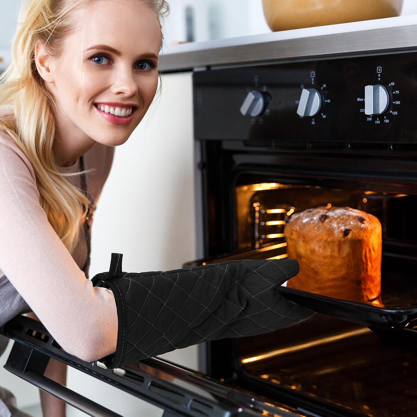 2 Pairs 17 Inch Extra Long Oven Mitts Heat Resistant Cotton Lining Oven Thick Gloves Kitchen Food Service Mittens for Pot Holders Cooking Baking BBQ, up to 482f (Black)