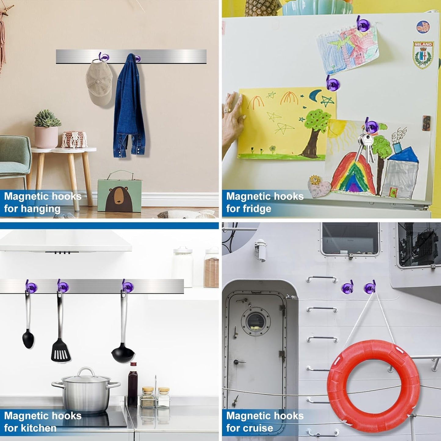 LOVIMAG Strong Magnet Hooks, 150Lbs Metal Heavy Duty, Purple with Hooks for Hanging, Cruise Cabins, Refrigerator - 4 Pack