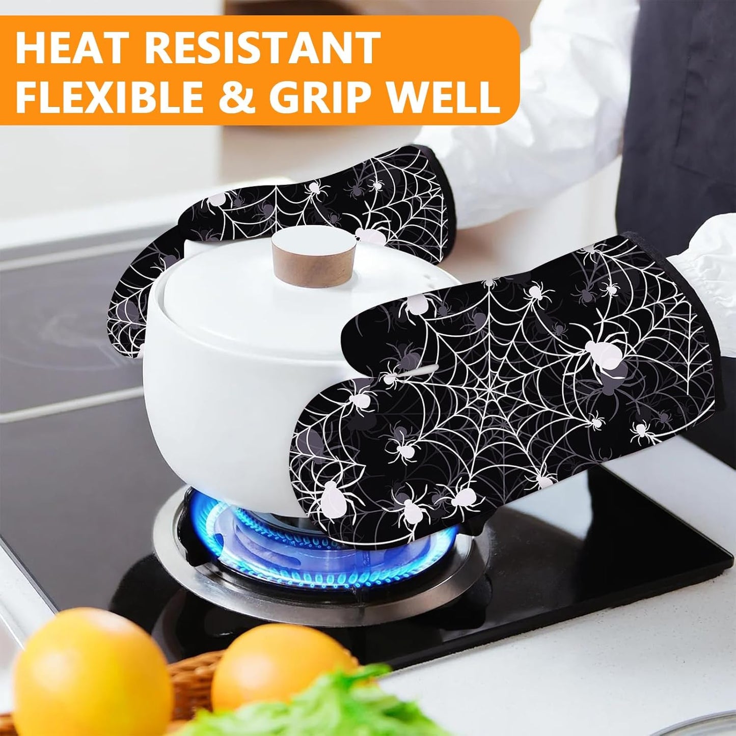Spider Web Oven Mitts and Pot Holders Sets 4Pcs,Extra Long Oven Gloves Potholder for Kitchen Cooking Baking BBQ 100% Cotton Heat Resistant