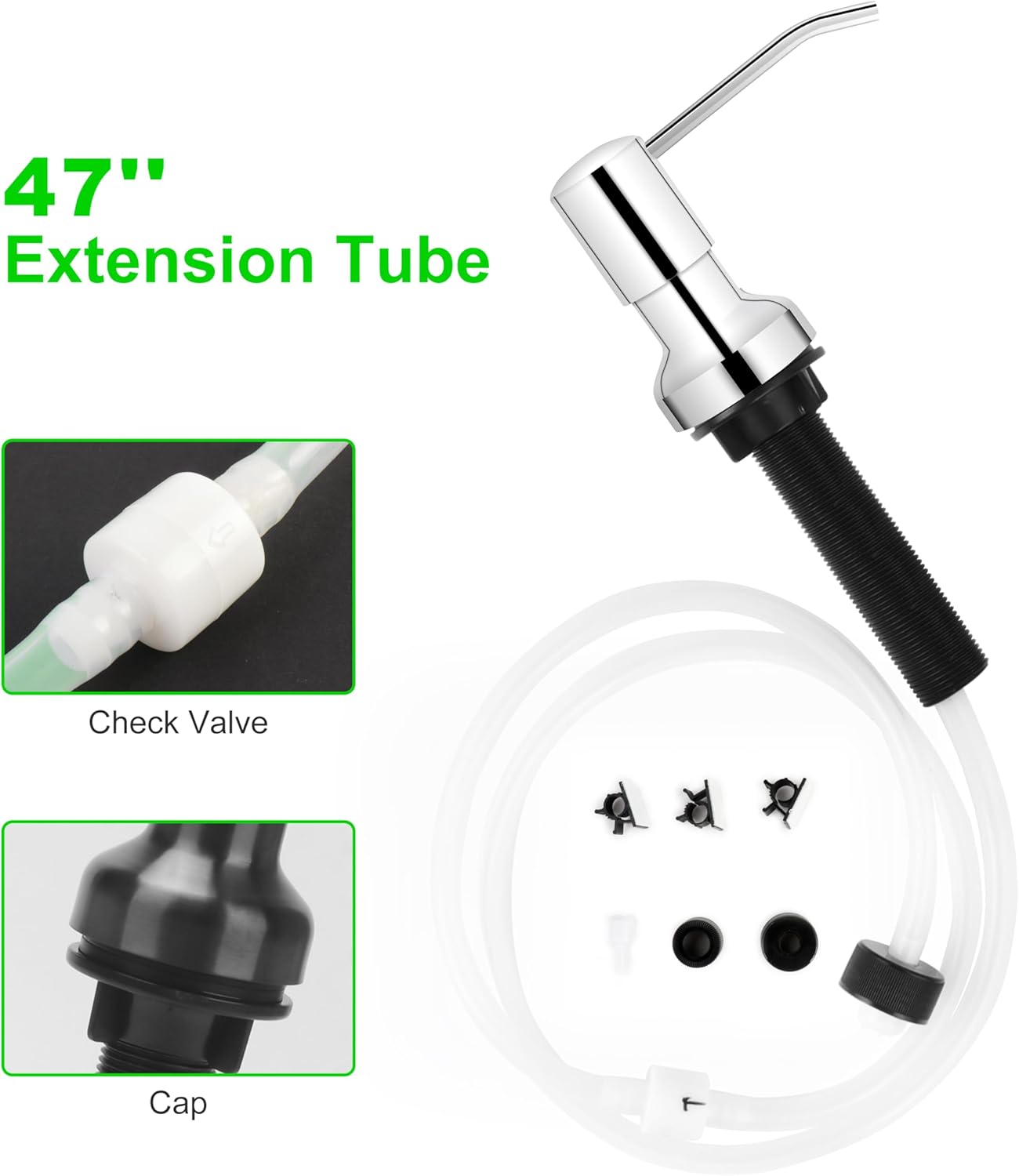 Soap Dispenser for Kitchen Sink, Sink Soap Dispenser with Longer Threaded Shaft Shank, 47" Extension Tube Connects Directly to Dish Soap Container, Wider Pump Head Base(Chrome)