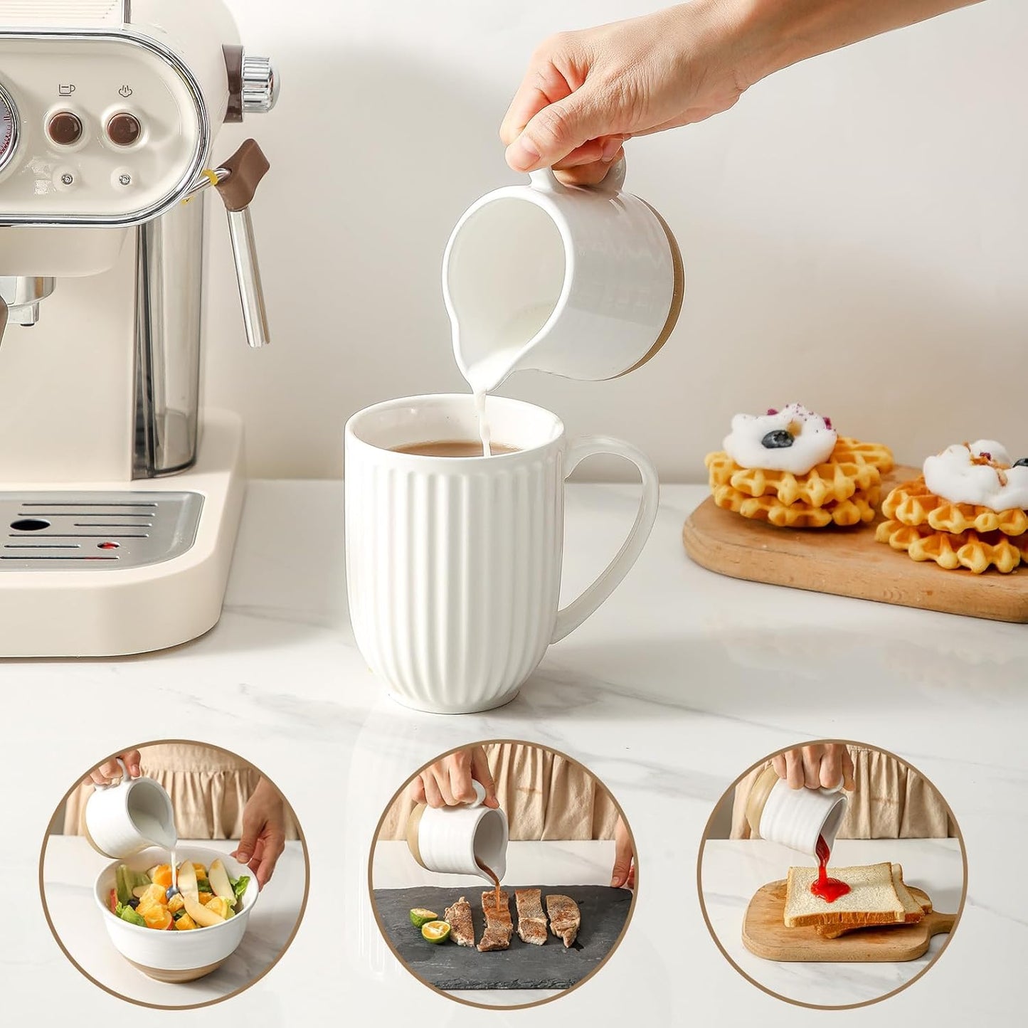 Hasense Ceramic Sugar and Creamer Set, 3 Piece Coffee Serving Set with Cream Pitcher, Sugar Bowl, Lid & Spoon, 10 Ounce Sugar and Creamer Set for Coffee Bar, Perfect for Wedding Gift (White)