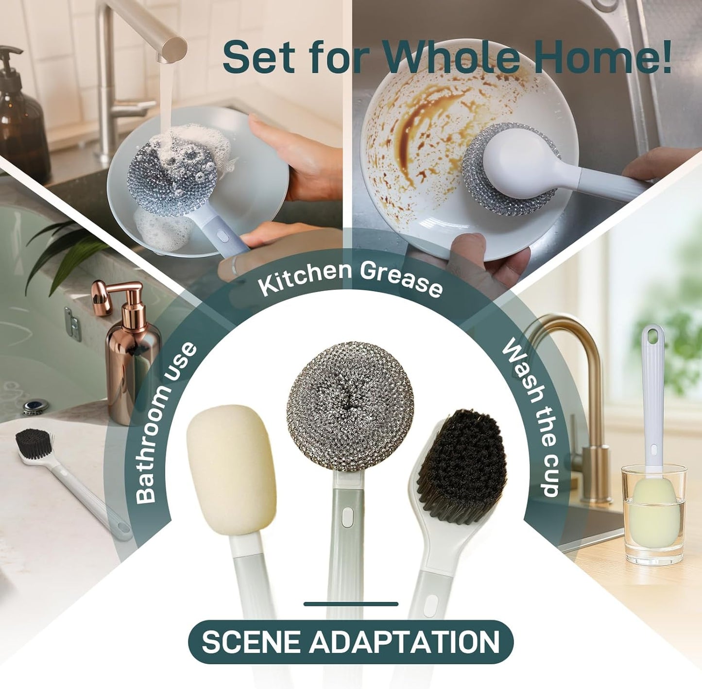 Dish Brush with Handle,4-Pieces Dish Brush Set with Holder,Replaceable Brush Heads Long Handle Kitchen Scrubber,for Pots,Sink,Pans &Bottles.Gray