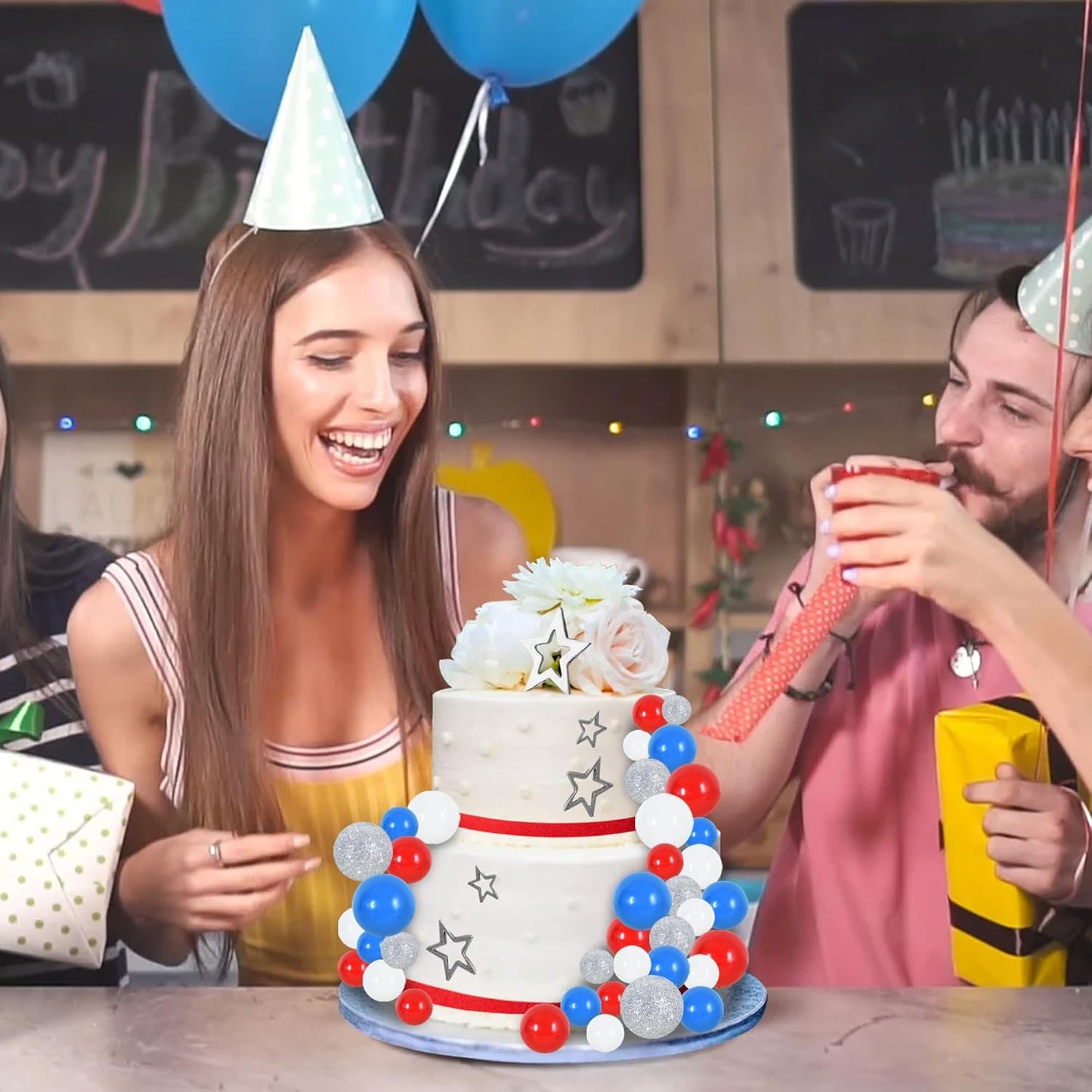 BEISHIDA 40 Pcs Foam Ball Cake Toppers with Sticks Mini Cake Decorations for Birthdays, Weddings, Baby Showers, DIY Baking Supplies, Anniversary Party (Red, Blue, White,Silver)