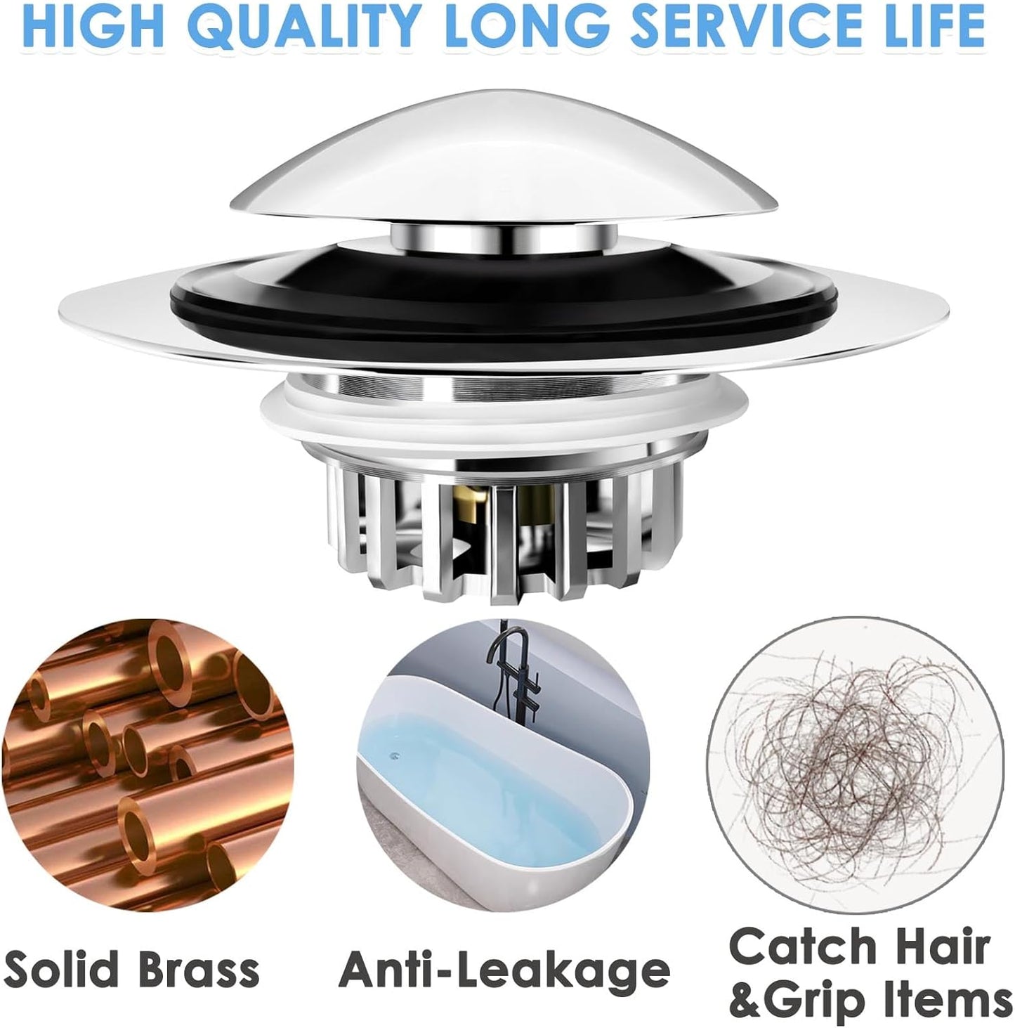 Bathtub Drain Stopper, Pop Up Tub Drain Hair Catcher, Bath Tub Drain Plug and Cover for 1.45-1.8in Drain Hole, Replaces Lift and Turn, Tip Toe or Trip Lever, Silver