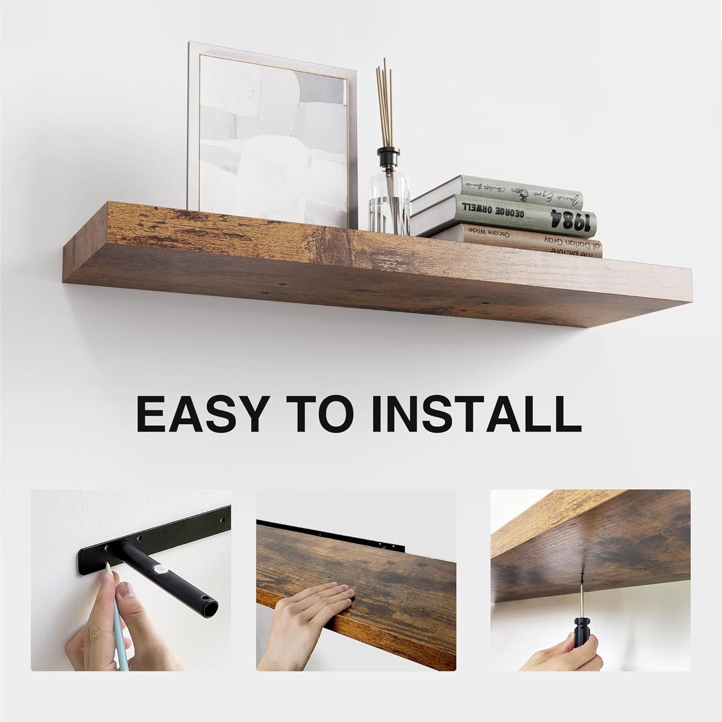 Colima 24" Modern Wood Floating Shelves, 2-Pack, 1.3" Thick, Wall Mounted, 50 lbs Capacity, Bedroom, Bathroom, Kitchen