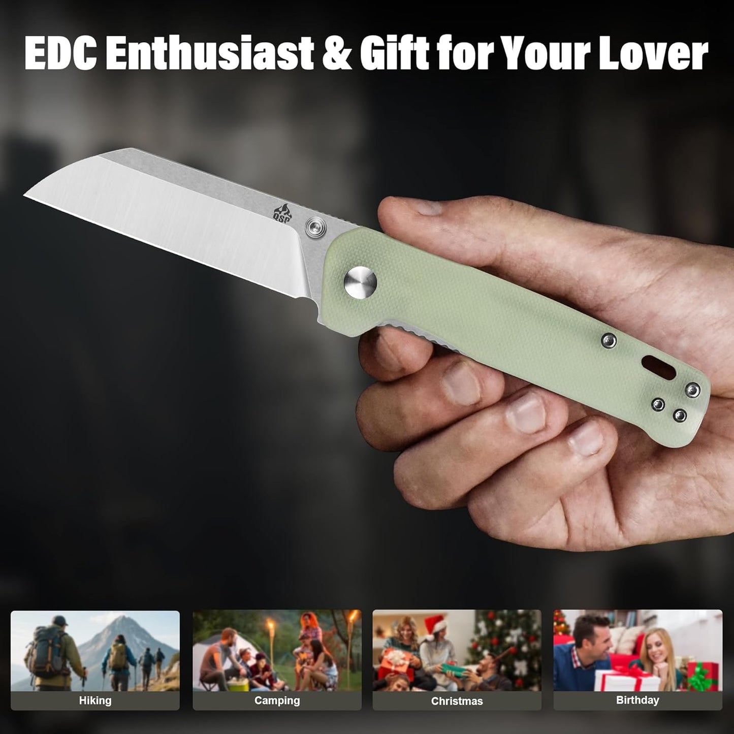 QSP Penguin V2 Folding Pocket Knife, 3.06" D2 Two Tone Finish Stonewash Satin Blade EDC Knife, Jade G10 Handle, Liner Lock, Ceramic Ball Bearings, Reversible SS Deep Carry Clip