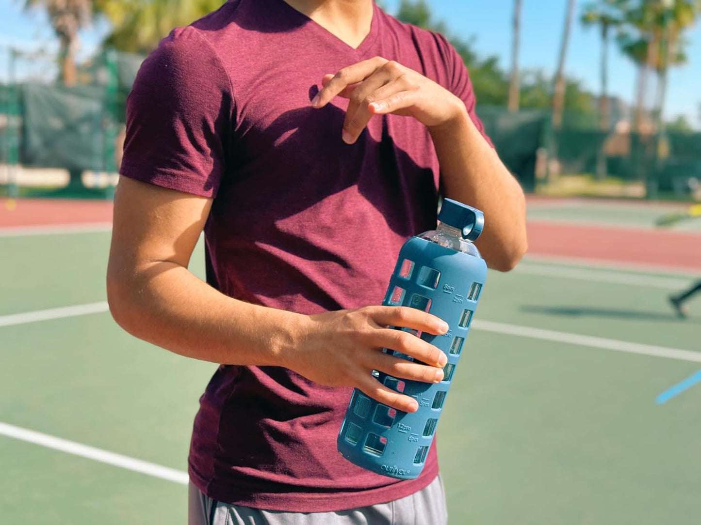 purifyou 40oz / 32oz / 22oz / 12oz Borosilicate Glass Water Bottle with Time & Volume Markers, Silicone Sleeve, Stainless Steel Lid – Reusable Glass Bottle for Water & Juice (40oz Chinese Porcelain)