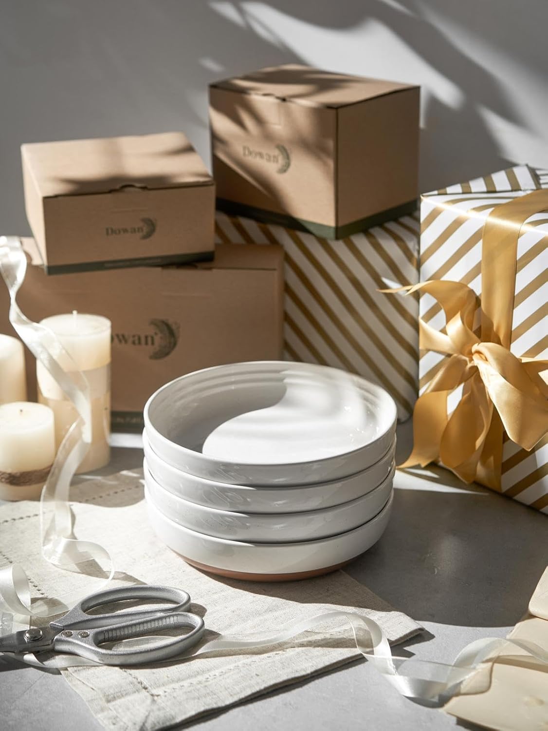 DOWAN 8.5" Pasta Bowls Set of 4 with Sesame Glaze Finish, 30oz Shallow White Ceramic Dinner Bowls, Wide Bowl Plates for Pasta, Salad, Soup & Stew, Microwave & Dishwasher Safe, Housewarming Gift