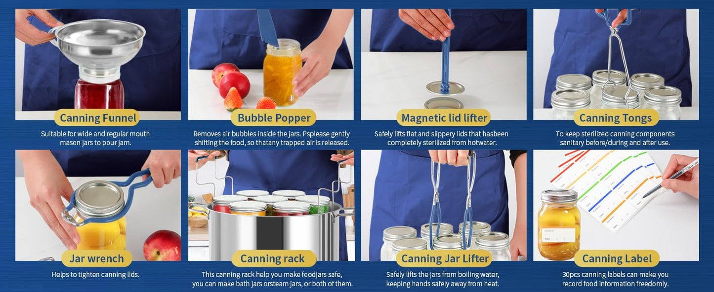 Canning Supplies Starter Kit,Canning Kit for Beginners of 12 with Rack,Silicone Oven Gloves,Jar Lifter,Funnel,Wrench,Tongs,Lid Lifter,Bubble Popper,Labels,ladle,Measuring spoon-G12-Blue