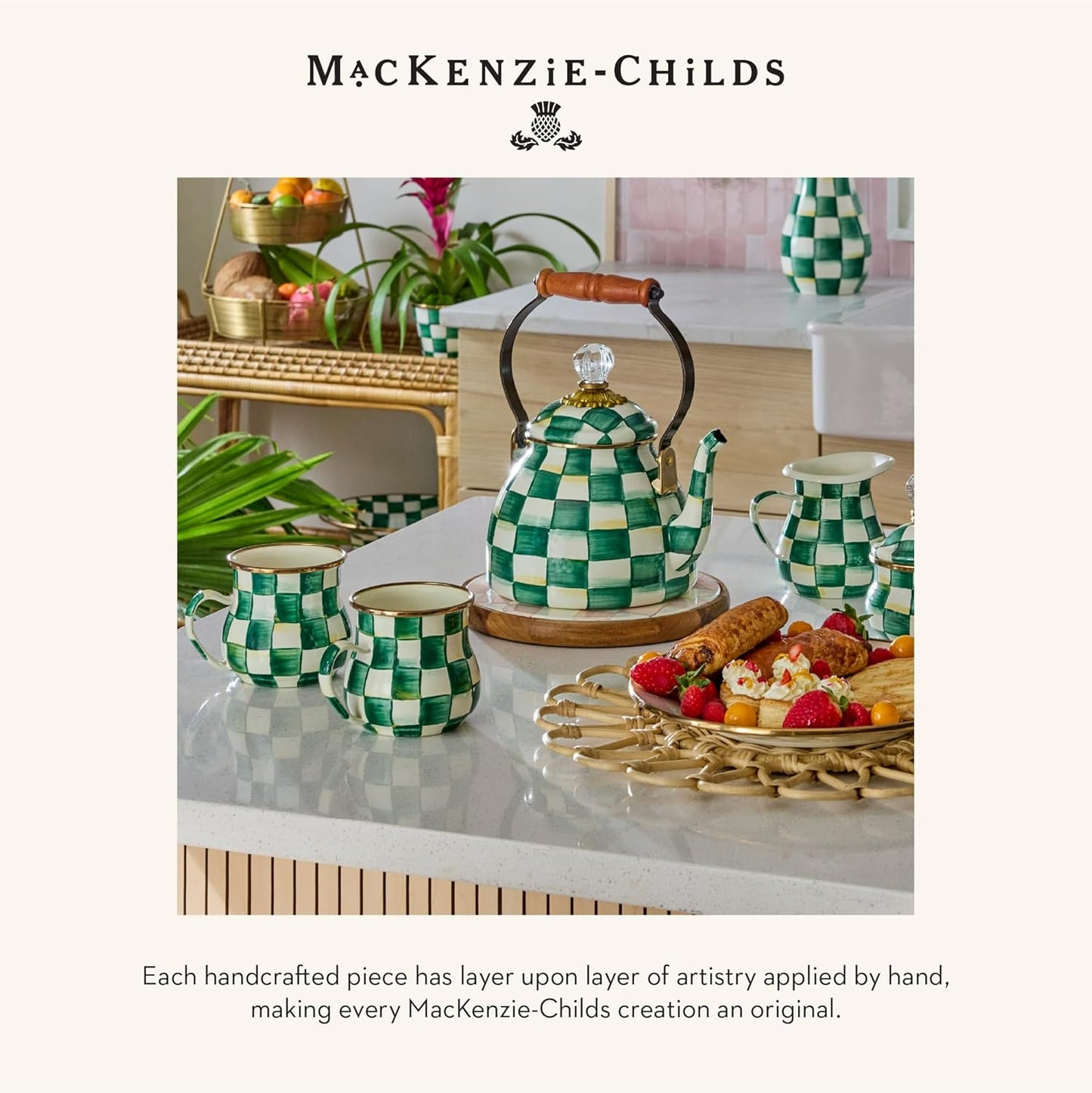 MACKENZIE-CHILDS Enamel Everyday Bowl, Serving Bowl for Entertaining, Large, Green-and-White Emerald Check
