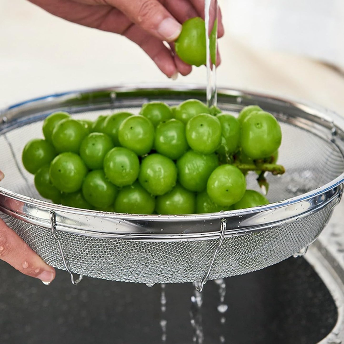 Fine Mesh Strainer for Kitchen, Stainless Steel Colander Bowl for Pasta, Rice, Fruit, Metal Net Baskets with Resting Base - Strain, Drain, Rinse (Diameter 12.2 inch)