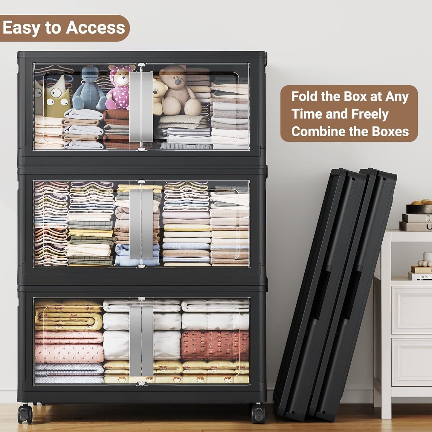 800QT Stackable Storage Bins with Lids, 200Gal Extra Large Collapsible Storage Box with Wheel, Plastic Storages with Clear Door Open Front for Home Living Room Garage, Black-5pack(5 lids)