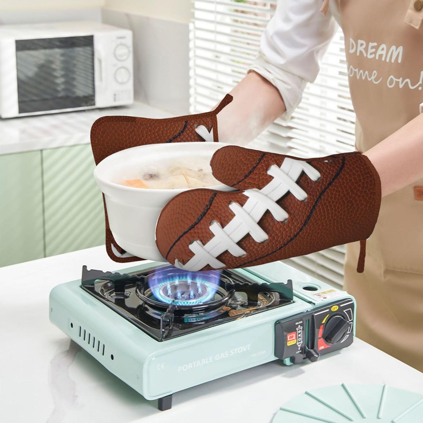 American Football Oven Mitts and Pot Holders Set of 4 Silicone Rugby Leather Lace Fun Traditional Sport Ball Kitchen Mitten Gloves and Potholders Set Heat Resistant Oven Gloves Hot Holders
