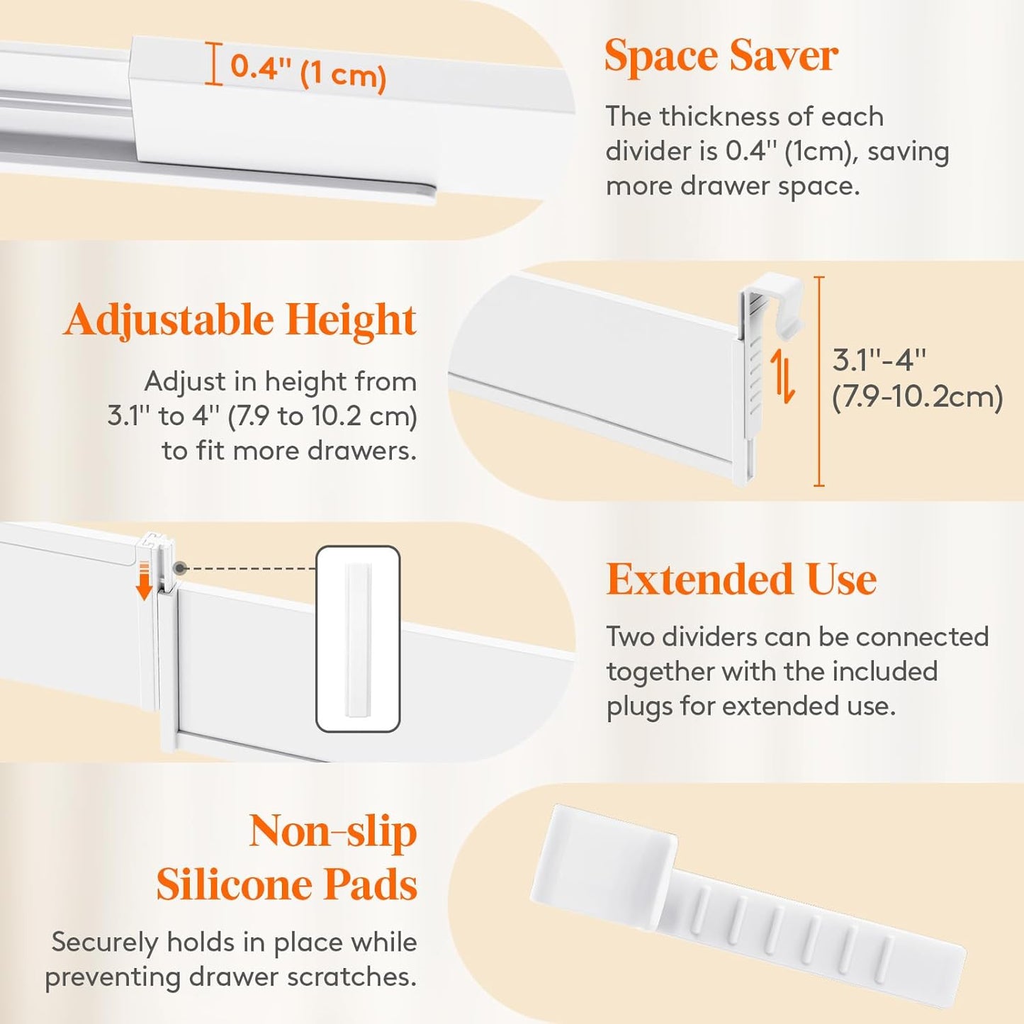 Lifewit Hanging Kitchen Drawer Dividers 3.1" High, 10-17" Adjustable Drawer Organizers for Utensils, Expandable Dresser Separators in Kitchen/Bedroom/Bathroom/Vanity/Office, White(4 Pack)