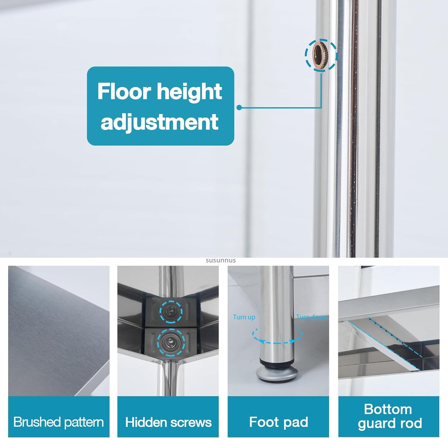 susunnus Stainless Steel Shelves 3 Tier Storage Shelves for Kitchen Garage Shelves Heavy Duty Shelving Metal Shelving Units and Storage Kitchen Industrial Storage Rack(with Guardrails)