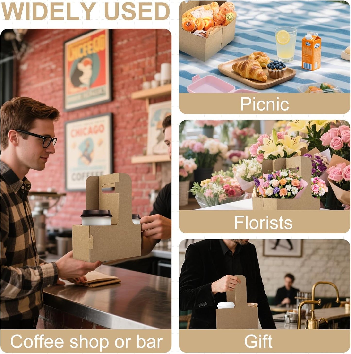 30 Pcs 2 Cup Drink Carrier with Handle, Assemblable Kraft Cardboard Cup Holders with 30 Pcs Happy Birthday Stickers, Disposable Drink Carrier for Drinks Coffee Take Out Cup Carriers Brown