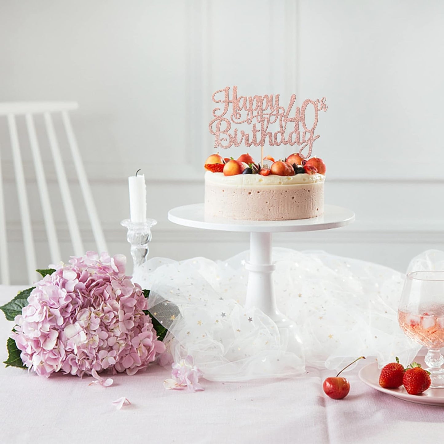 1 PCS Happy 40th Birthday Cake Topper Glitter Cheers to 40 Years Birthday Cake Pick 40 Fabulous Cake Decoration for Happy 40th Birthday Anniversary Party Decorations Supplies Rose Gold