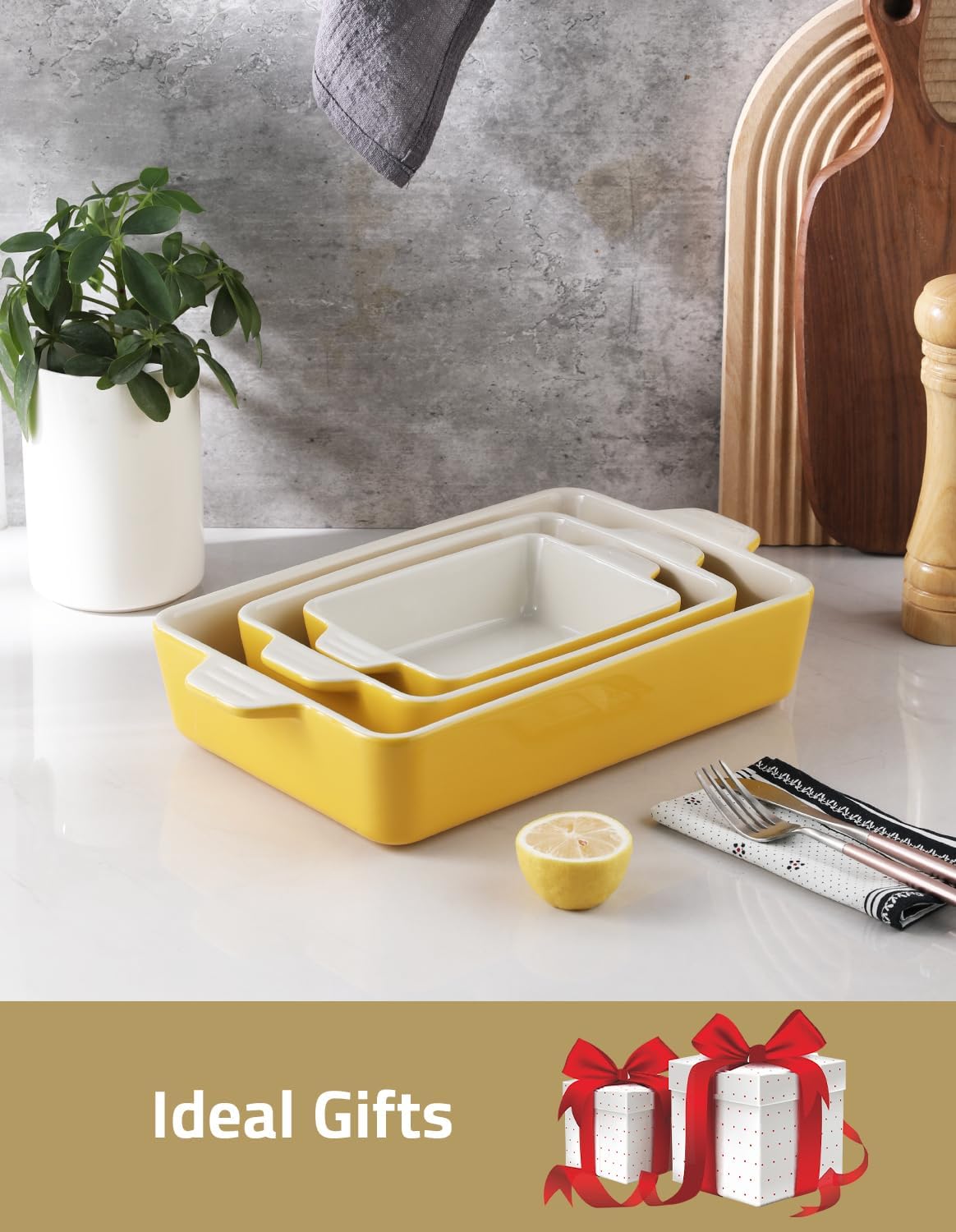 Sweejar Ceramic Bakeware Set, Rectangular Baking Dish for Oven Lasagna Pans for Cooking, Kitchen, Cake Dinner, Banquet and Daily Use, 11.8 x 7.8 x 2.76 Inches of Casserole Dishes (Yellow)
