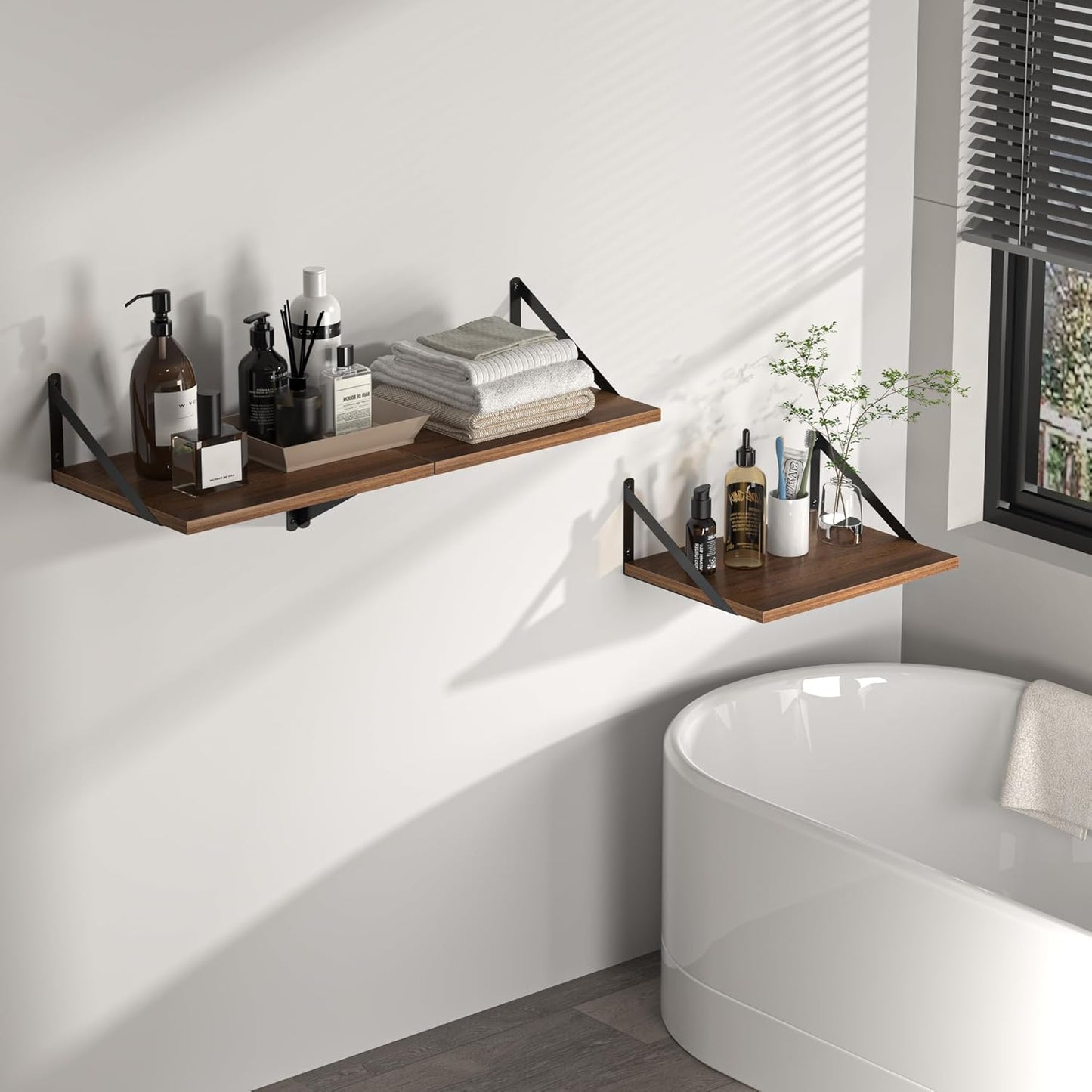 Heimlove 12 Inch Deep Floating Shelves for Wall, 16W x 12D Wood Wall Shelves Set of 2, Walnut Wide Floating Bookshelf for Living Room, Kitchen, Office, Bedroom, with Black Metal Bracke - Walnut