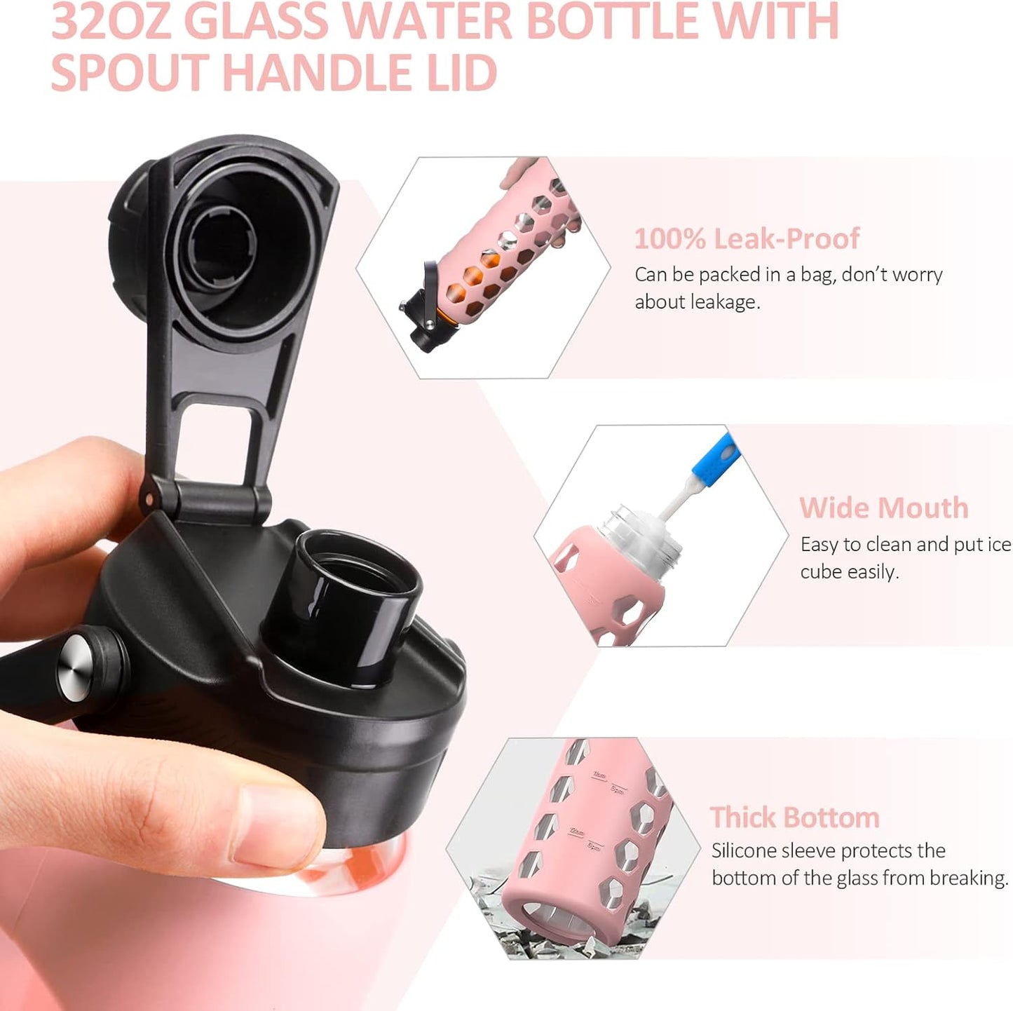 MUKOKO 24oz Glass Water Bottle with 2 Lids-Handle Flip Lid&Bamboo Straw Lid,Motivational Water Tumbler with Time Marker Reminder and Silicone Sleeve, Leakproof-Pink