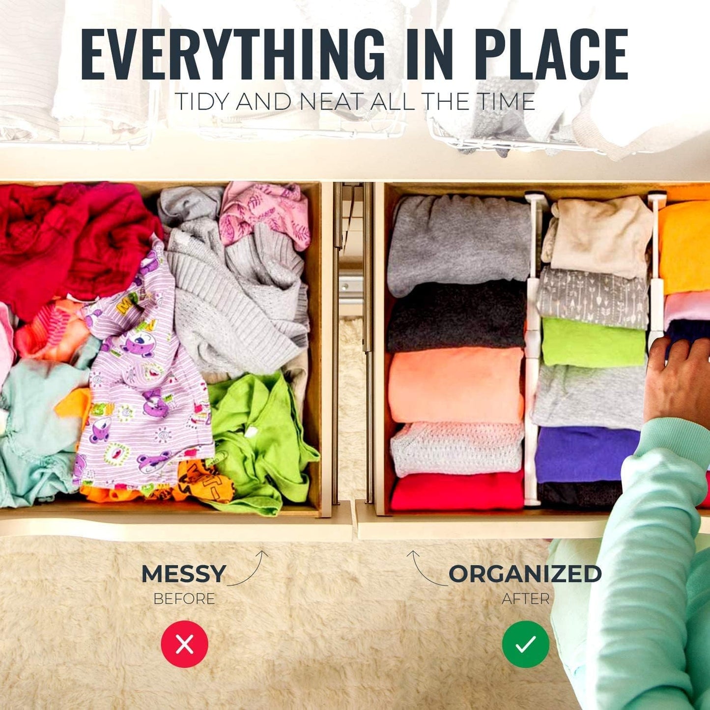 RAPTUROUS Adjustable Deep Drawer Divider – 5" Tall, Expandable 13-22", 5-Pack, Non-Slip Drawer Dividers for Clothes, Dresser, Kitchen & Office Organization (White)