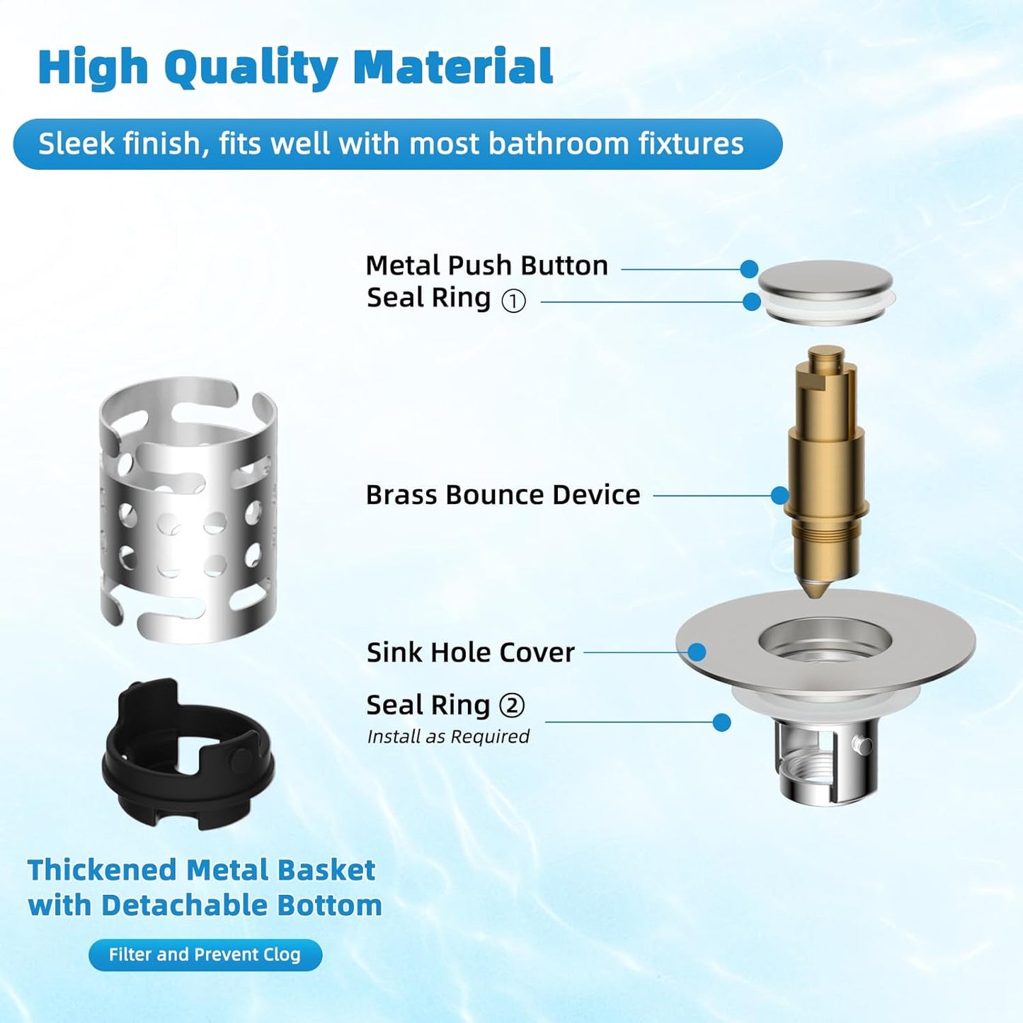 Universal Bathroom Sink Stopper Hair Catcher Upgraded with 2-Layer Detachable Filter Basket, 4 in 1 Pop Up Drain Strainer, Anti-Clog, Odor-Block, Fit for 1.1''~2.36'' Sinks, Brushed Nickel