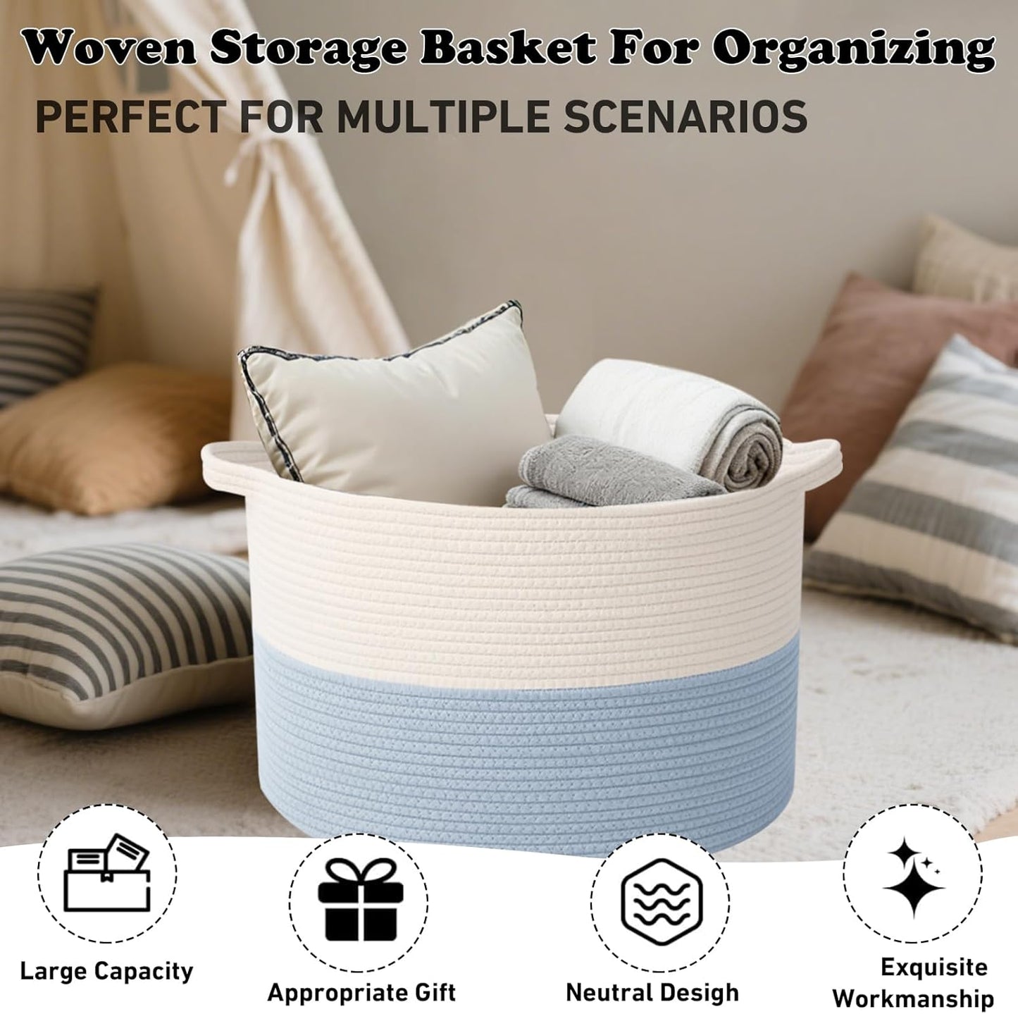 Large Blanket Basket for Organizing,65L Closet Organizers and Storage Bins Box for Shelves Woven Rope Storage Baskets,Living Room,Bedroom,Dorm,Laundry room (White&Blue)