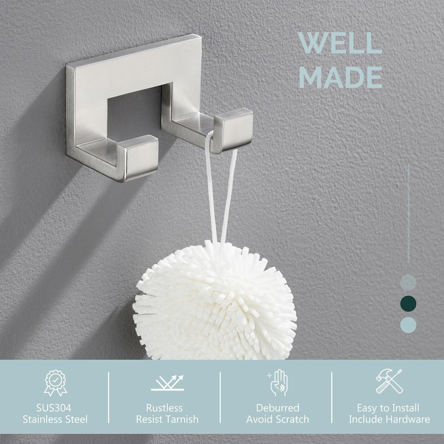 Angle Simple Double Towel Hook Brushed Nickel, 304 Stainless Steel Robe Coat Hook for Bathroom, Wall Mount