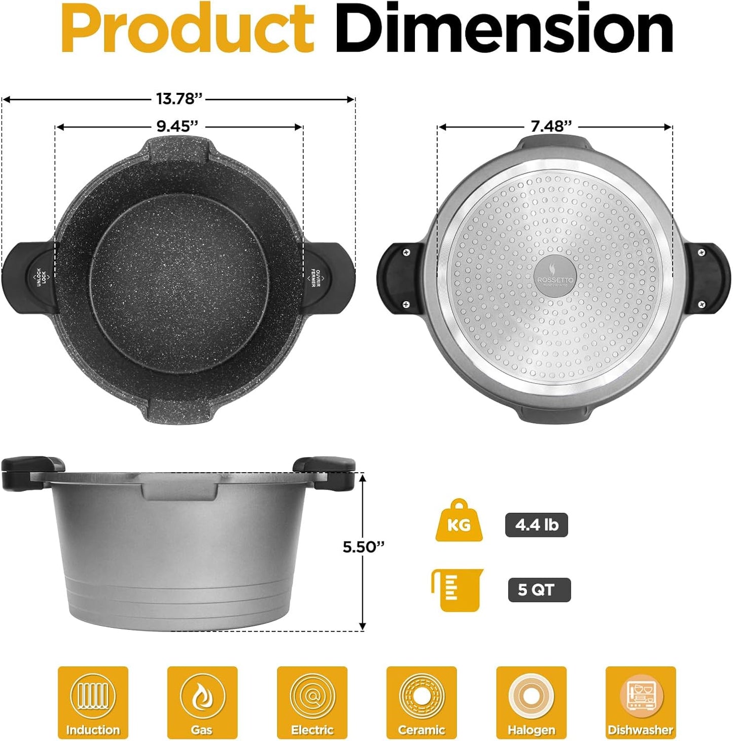 5QT Pasta Pot with Strainer Lid, 9.5'' Cast Aluminum Nonstick Multipurpose Stock Pot Spaghetti, Self-Draining Cooking Pot with Insulated Handles for Soup, and Boiling