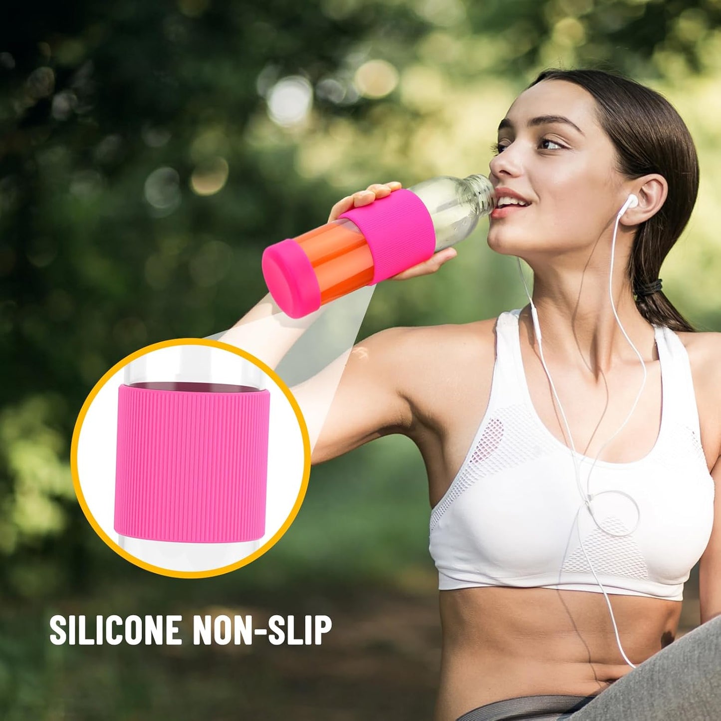 18 oz Clear Glass Juice Bottles with Lids and Silicone Sleeve, Reusable Glass Water Bottles with Stainless Steel Cap for Juicing, Refrigerator,100% Leak Proof, BPA Free, Set of 6