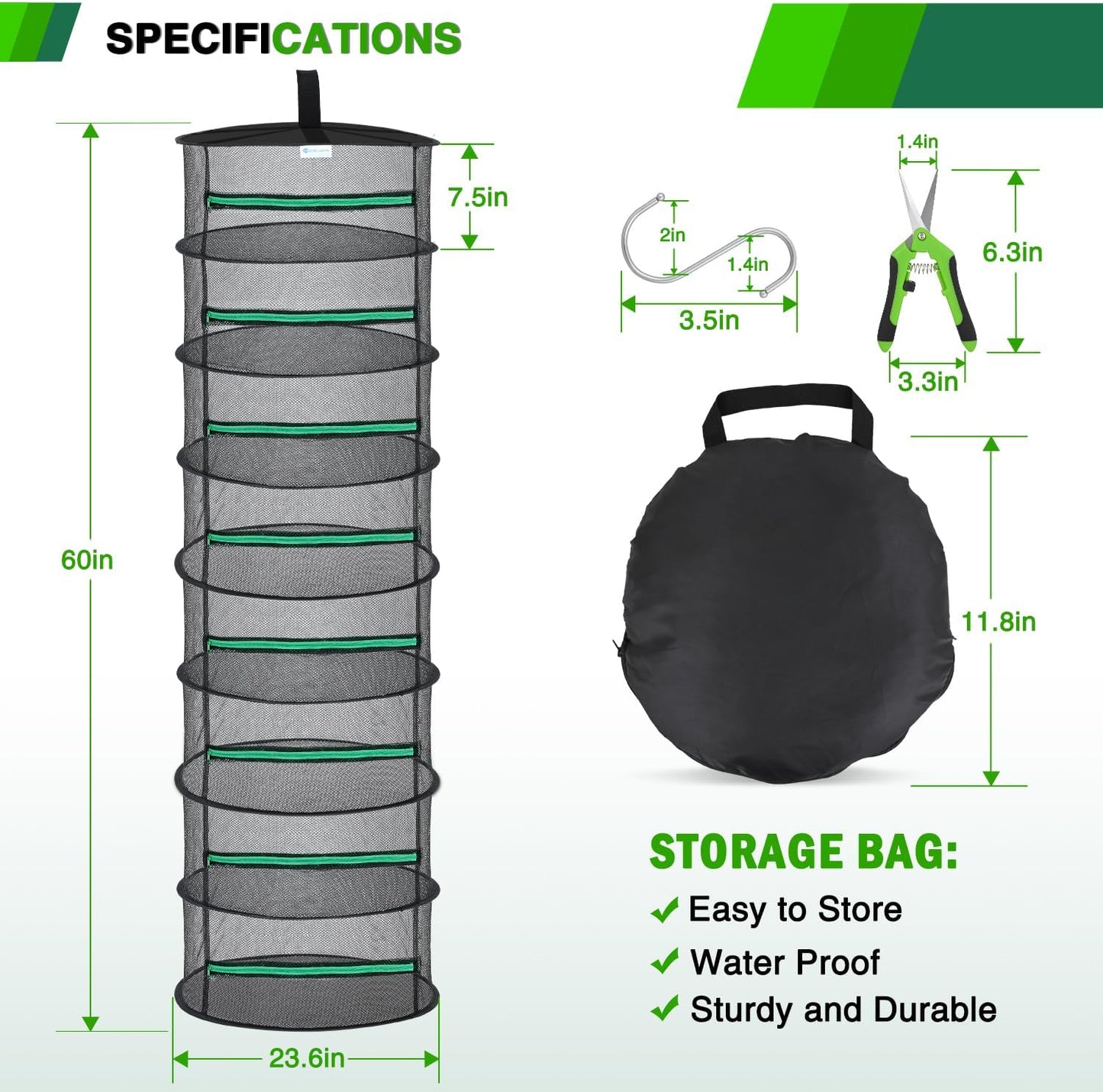 Yesker 8 Layer Herb Drying Rack Hanging Mesh Net Foldable Plant Drying Racks 24" w Green Zipper Pruning Shears Hook Dryer Hanging Rack for Herbs Seed Bud Fruit Clothes Grow Tent Closets Garden Outdoor