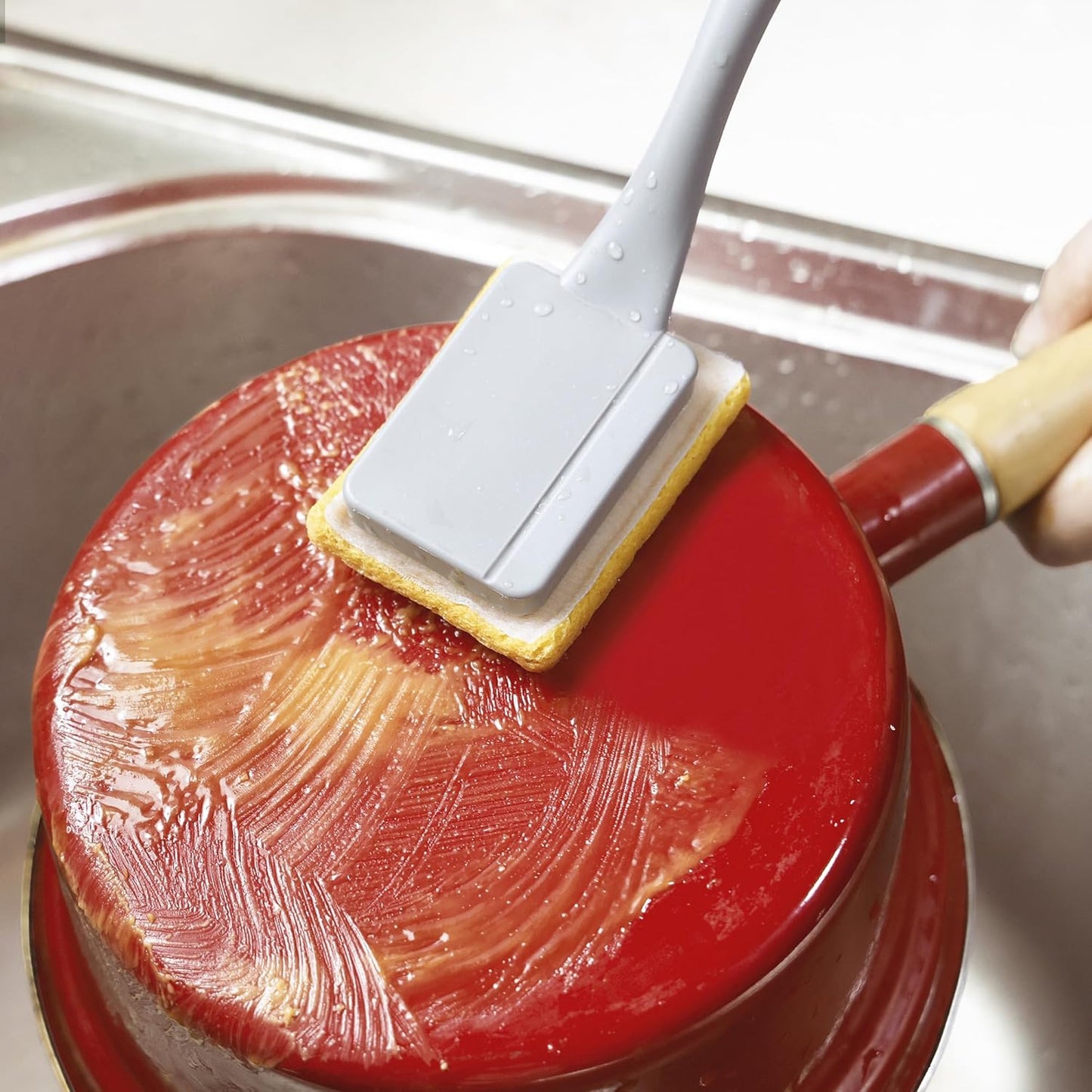 Dish Brush with Handle,Non-Scratch Household Cleaning Brushes Dishwand with 5 Sponge Refills for Pans, Pots, Sink & Tubs,Grey