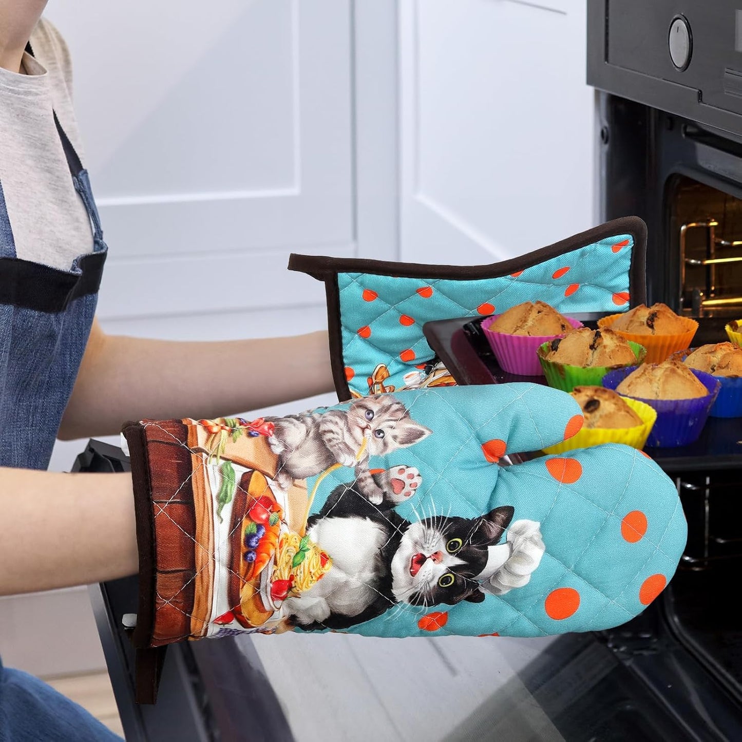 Cute Cat Oven Mitts and Pot Holders Sets 2Pcs, 100% Cotton Heat Resistant, Extra Long Oven Gloves Potholder for Kitchen Cooking Baking Decoration