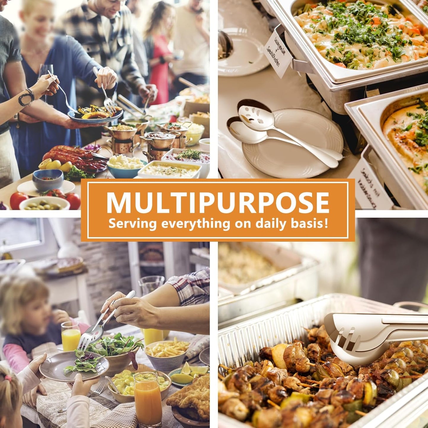 BEWOS Serving Utensils, 16-Piece Large Serving Set, 9.1” Serving Spoons, 9.1” Slotted Spoons, 9.1” Serving Forks, 9.5” Serving Tongs, Stainless Steel Serving Utensils Set for Parties, Dishwasher Safe