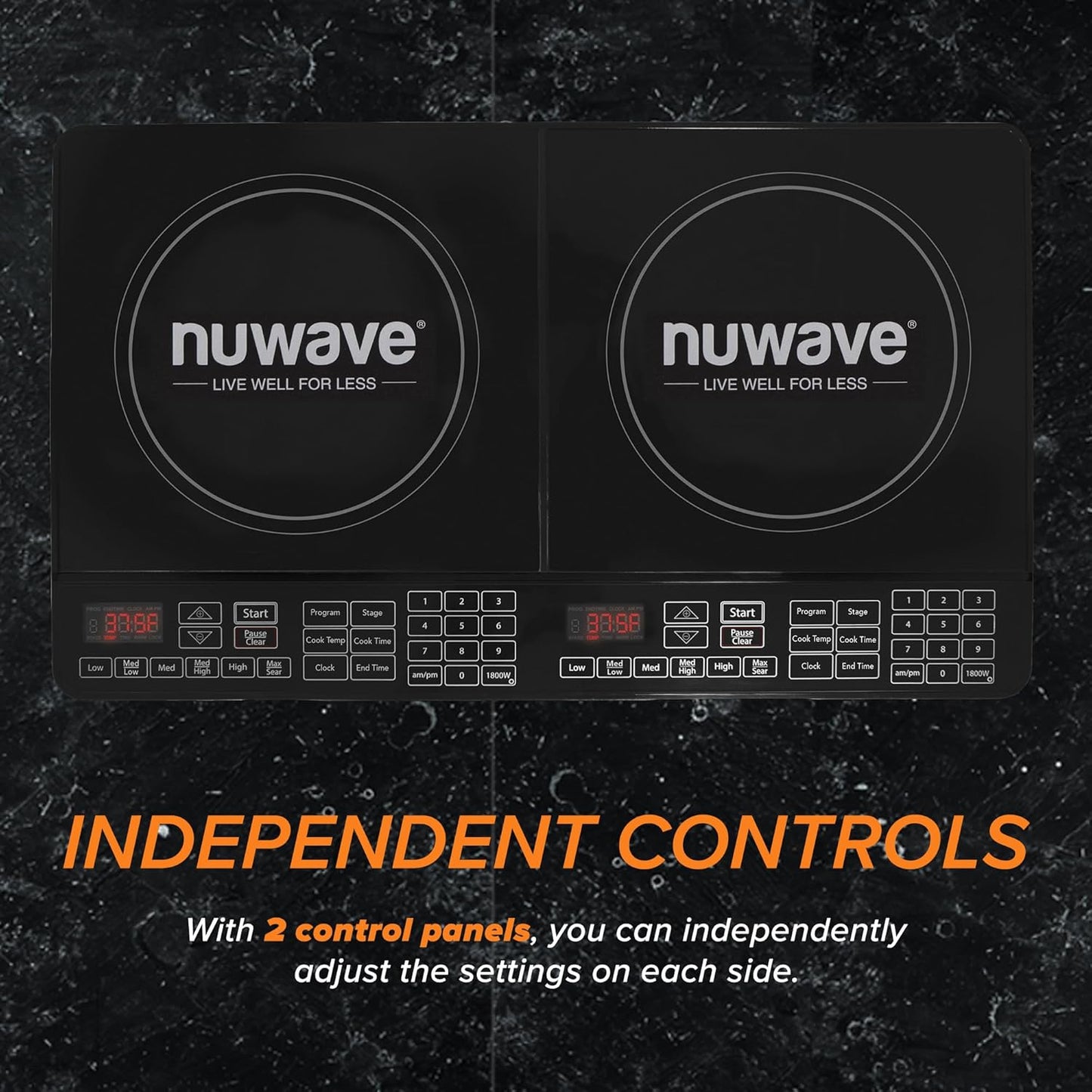Nuwave Double Cooktop Induction Countertop Burner, Portable, 900 & 1800W, 100°F to 575°F, Large 8” Heating Coil, 50 Pre-Programmed Settings, Shatter-Proof Ceramic Glass, Built-In Safety Auto Shut Off
