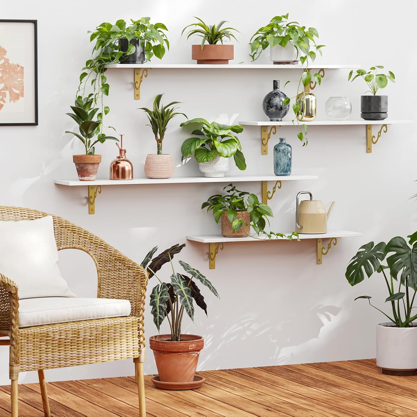 DINZI LVJ Long Wall Shelves, 47.3" Wall Mounted Shelves Set of 4, Wide Floating Shelf with Metal Brackets, for Living Room, Bathroom, Bedroom, Kitchen, Office, White and Gold