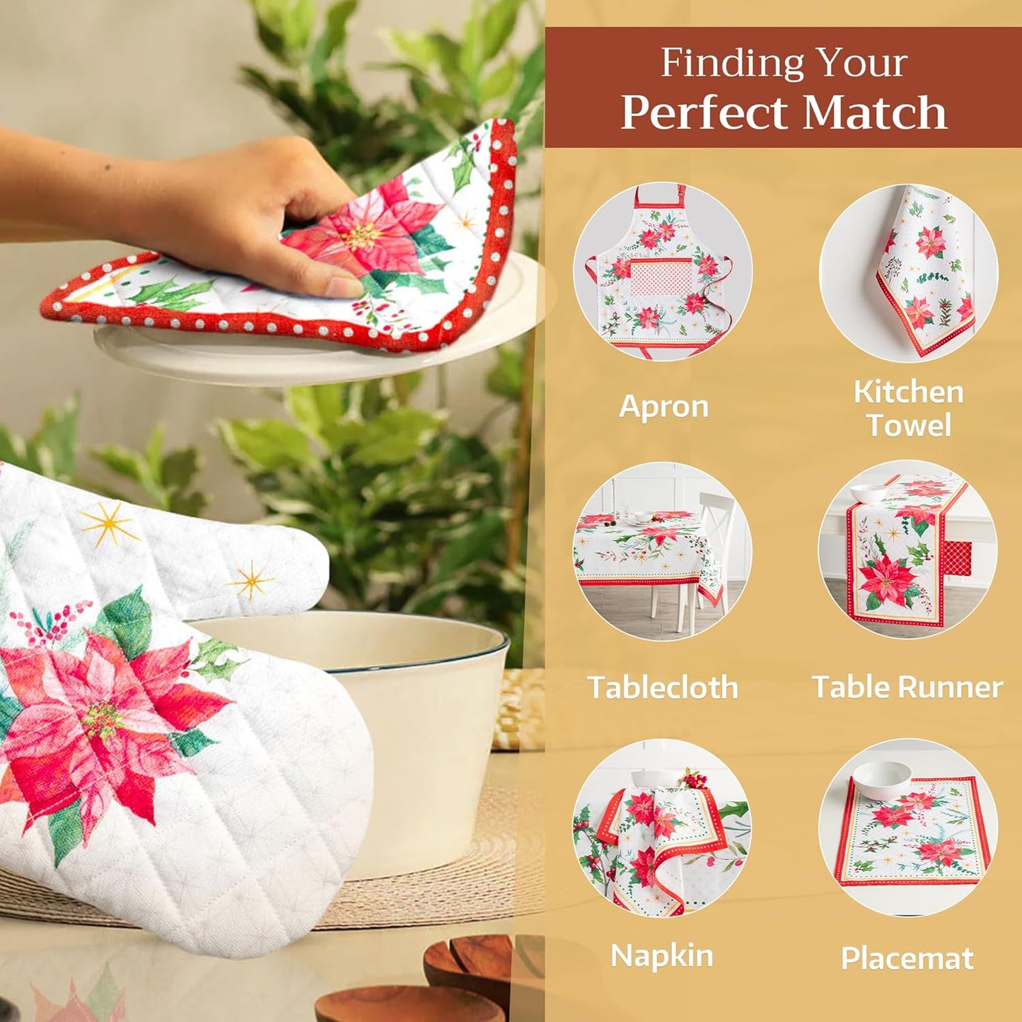Maison d' Hermine Pot Holders 100% Cotton Heat Resistant Potholders 8" x 8" Hot Pads with Loop BBQ, Cooking, Baking, Grilling, Kitchen, Handling Hot Pans (Pack of 1, Poinsettia Christmas)