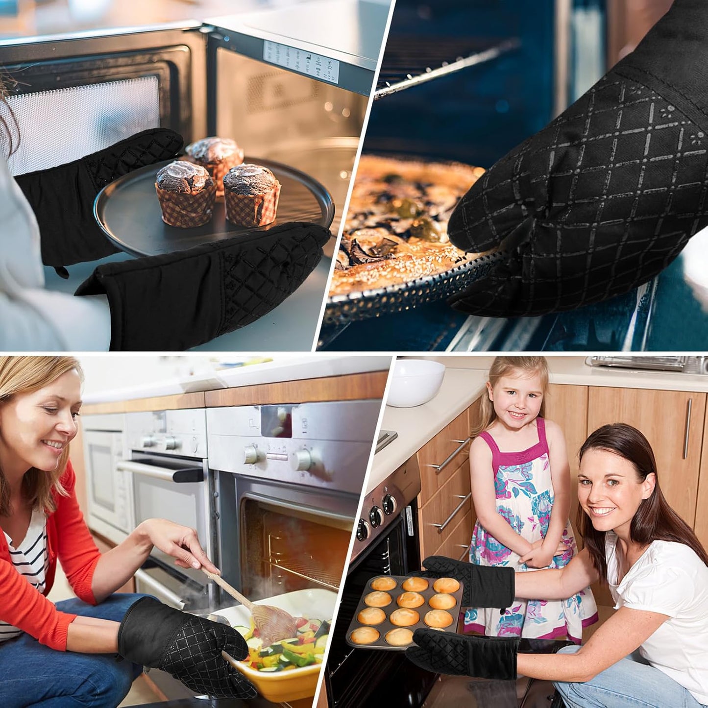 2 Pcs Oven Mitts Heat Resistant for Kitchen, Kitchen Oven Gloves, Long Oven Mitts and Pot holder with Non-Slip Silicone Stripe and Soft Cotton Lining, Silicone Oven Mitts for Cooking Baking BBQ Gloves