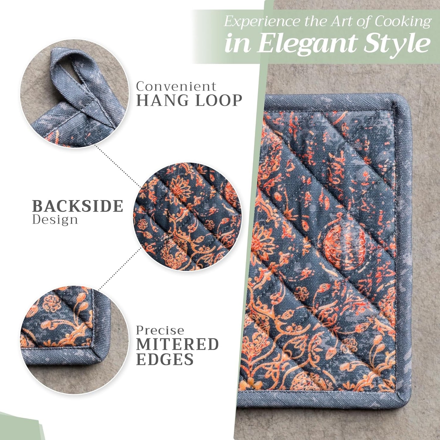 Maison d' Hermine 100% Cotton Oven Mitt & Pot Holder Set (7.5"x13" & 8"x8") Heat Resistant BBQ Cooking Gloves with Loop, Baking, Grilling, Kitchen, Handling Hot Pans (Imperfection)